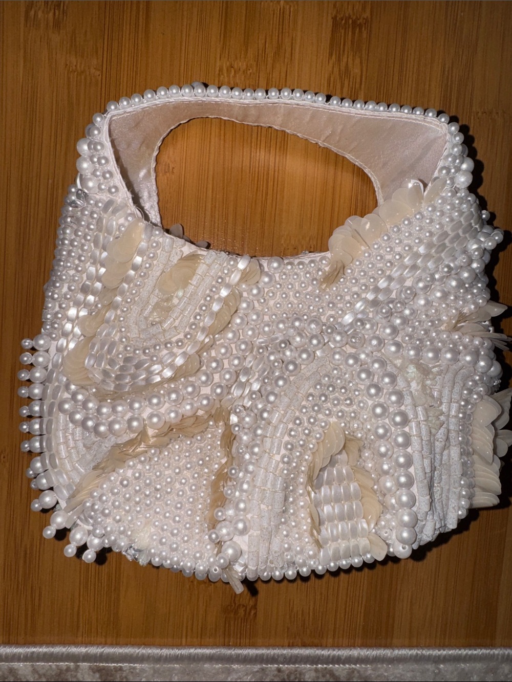 Pearl-Embellished White Purse